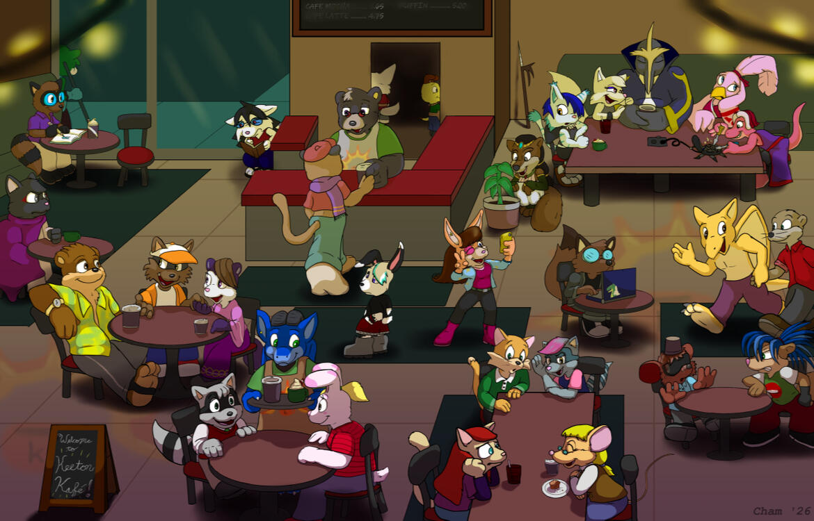 A wide cafe setting showing a variety of anthropomorphic animal characters. They are seated in groups, with a few seated alone, and they all seem to be enjoying themselves. The name 'Keeton Cafe' is on a sandwich board near the bottom of the image.