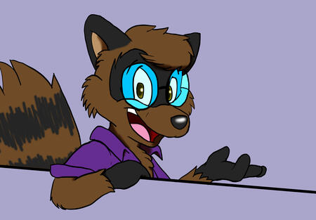A friendly-looking raccoon with glasses.